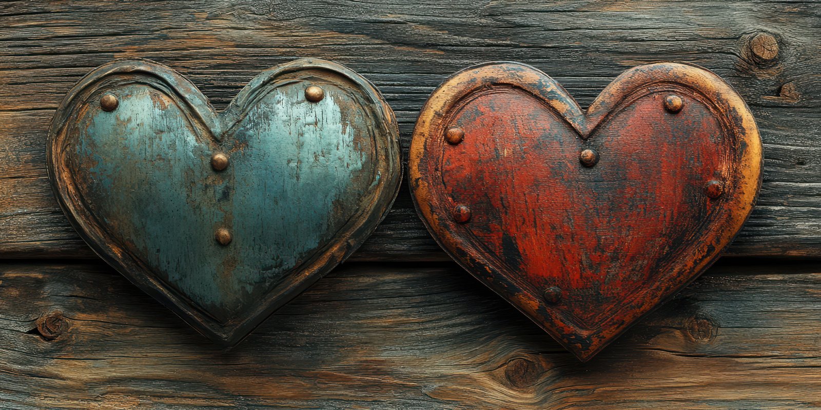 Decorative metal hearts in blue and red colors displayed on weathered wooden background